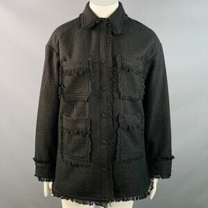 APPARIS Size XL Black Polyester Tweed Patch Pockets Fringed Coat